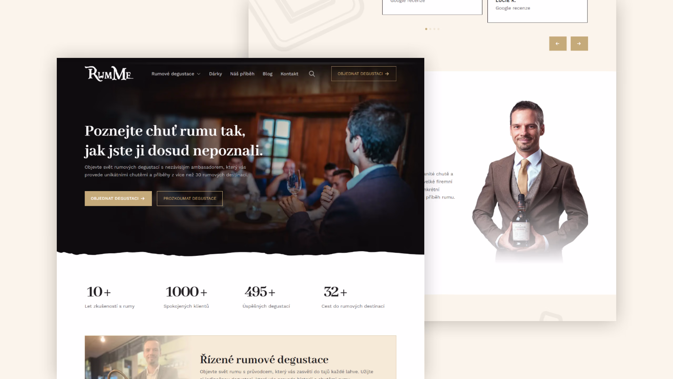 Website homepage featuring a man in a suit holding a glass in a wooden room, promoting rum tastings with statistics and call-to-action buttons.