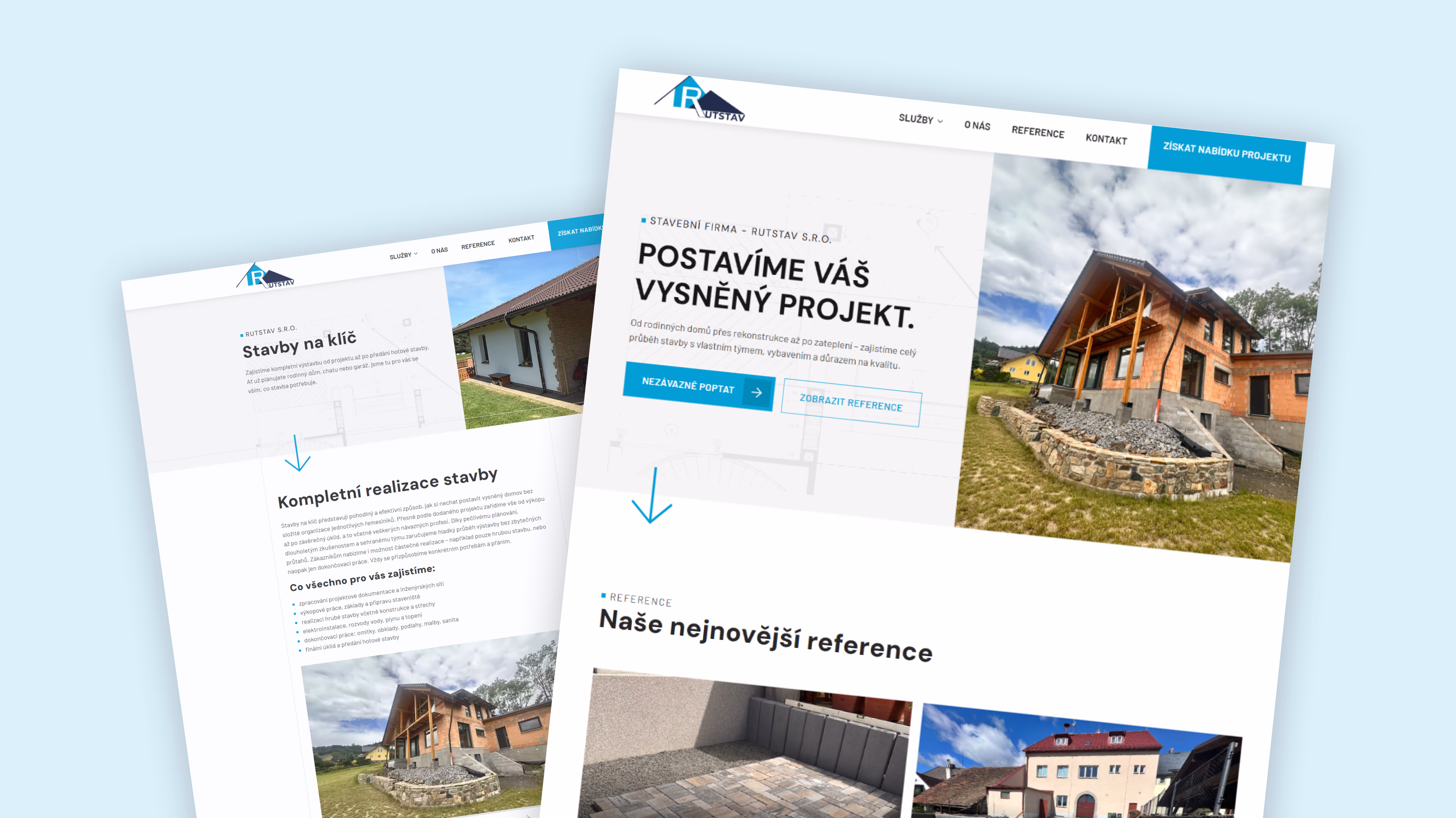 Website pages showing construction company Rutstav S.R.O. services and recent projects with photos of houses and paved areas.